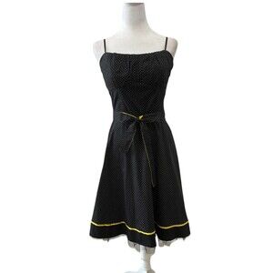 Y2K Ruby Rox Black Polka Dot Dress Yellow Trim Built-In Bra Spaghetti Strap Sz 9